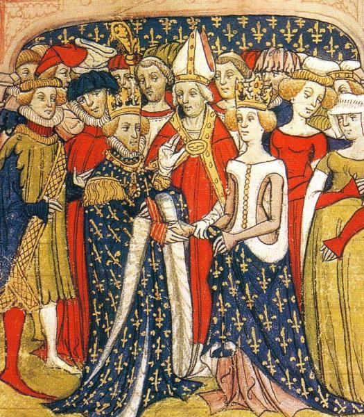 Hochzeit Marias von Brabant mit Philipp III. von Frankreich. Das Überkleid der Maria hat sogenannte Höllenfenster.