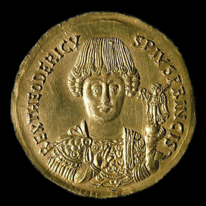 Goldmünze (Solidus) mit dem Bildnis Theoderichs des Großen