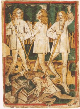 Siegfrieds Ermordung. Nibelungenlied, Handschrift k (1480-1490)Siegfrieds Ermordung. Nibelungenlied, Handschrift k (1480-1490).