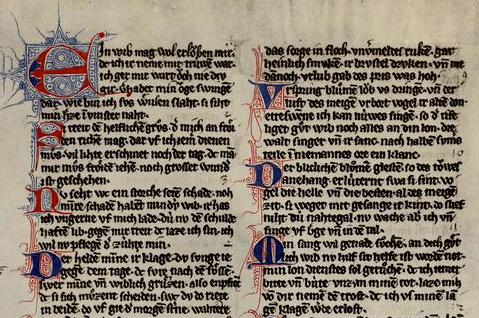 Ausschnitt aus dem Codex Manesse mit Tageliedern Wolframs von Eschenbach